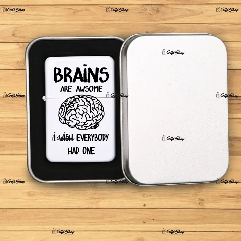 Brains are awsome, bricheta metalica gravata laser cu mesaj